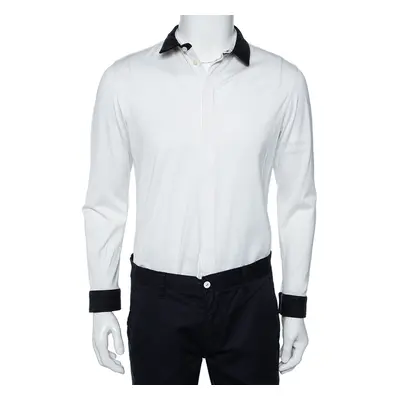 Emporio Armani White Cotton Contrast Wool Trim Button Front Shirt