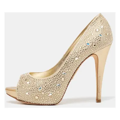 Gina Gold Crystal Embellished Satin Platform Open Toe Pumps Size