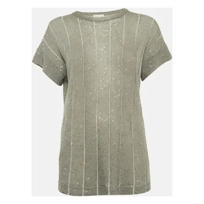 Brunello Cucinelli Grey Sequin Knit Sheer Top