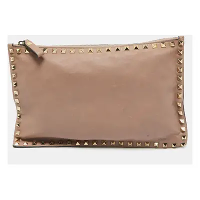 Valentino Beige Leather Rockstud Zip Pouch Clutch