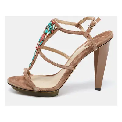 Brian Atwood Brown Suede Donasa Crystal T Strap Sandals Size