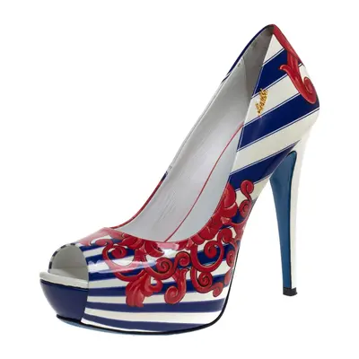 Loriblu Multicolor Print Patent Leather Peep Toe Platform Pumps Size