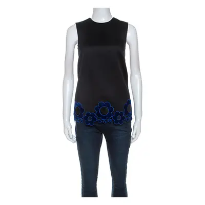 Christopher Kane Black Cotton Blend Flower Applique Trim Sleeveless Top