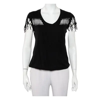 Zadig & Voltaire Black Cotton Scoop Neck Wanda Fringes T-Shirt