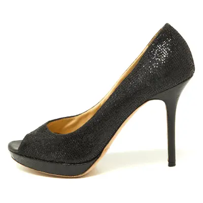 Jimmy Choo Black Glitter Fabric and Leather Luna Platform Pumps Size