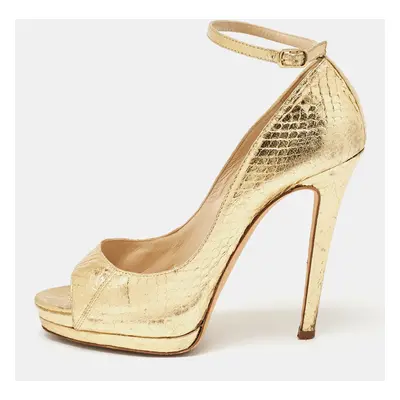 Oscar de la Renta Metallic Gold Python Embossed Peep Toe Ankle Strap Pumps Size 37.5