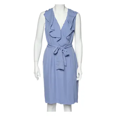 Valentino Blue Silk Ruffled Neck Detail Belted Wrap Midi Dress