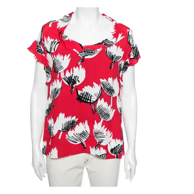 Boutique Moschino Red Printed Crepe Ruffle Cap Sleeves Top