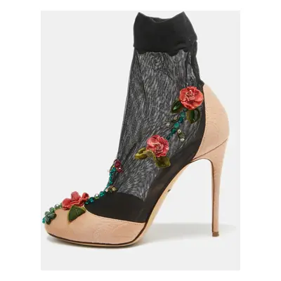 Dolce & Gabbana Beige/Black Brocade Fabric And Lace Sock Pumps Size