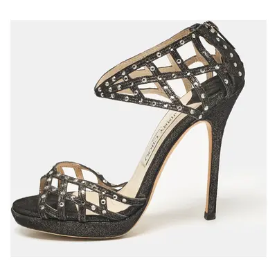 Jimmy Choo Black Suede Crystal Embellished Cut Out Strappy Sandals Size 35.5