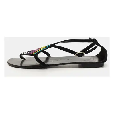 Giuseppe Zanotti Black Suede Crystal Embellished Thong Flat Sandals Size