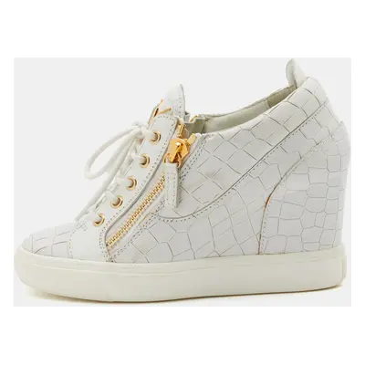 Giuseppe Zanotti White Croc Embossed Leather Wedge Sneakers Size 37.5