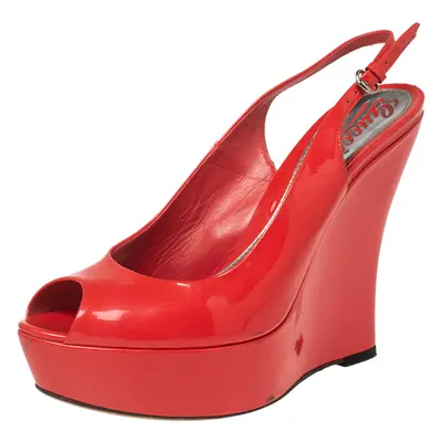 Gucci Coral Red Patent Leather Peep-Toe Slingback Wedge Sandals Size 37.5