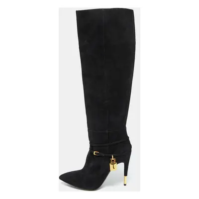 Tom Ford Black Suede Lock Strap Knee Length Boots Size