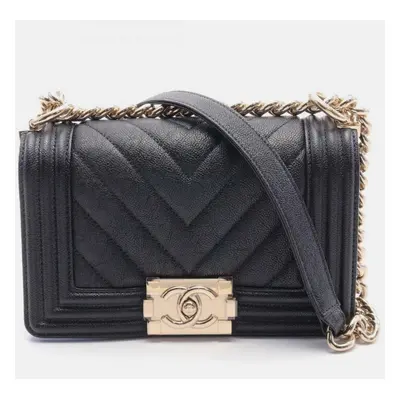 Chanel Boy Chanel Small Chevron V-Stitch Caviar Skin (Grained Calf) Black Shoulder Bag