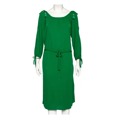 Roberto Cavalli Green Jersey Cold Shoulder Tassel Tie Detailed Belted Dress