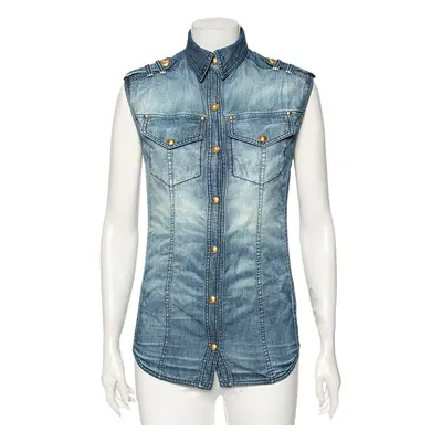 Balmain Blue Faded Effect Denim Pocket Detailed Button Front Sleeveless Shirt