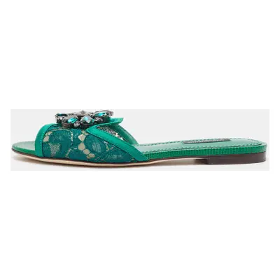 Dolce & Gabbana Green Lace Crystal Embellished Flat Slides Size