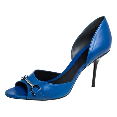 Gucci Blue Leather Horsebit Open Toe Pumps Size