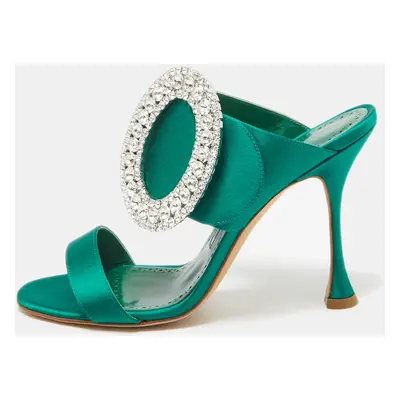 Manolo Blahnik Green Satin Fibiona Slide Sandals Size 37.5