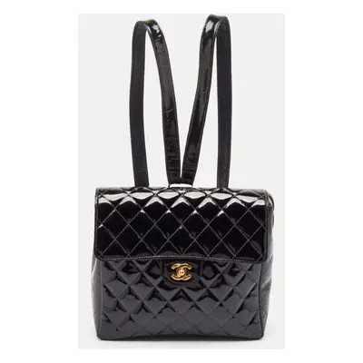 Chanel Black Quilted Patent Leather CC Flap Backpack