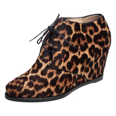 Christian Louboutin Brown Leopard Print Calf Hair Lady Schuss Wedge Ankle Boots Size