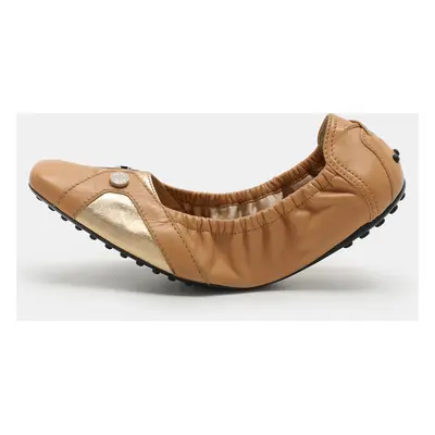 Tod's Brown/Gold Leather Embellished Scrunch Ballet Flats Size