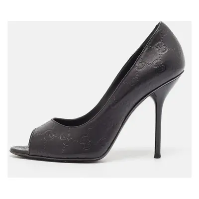 Gucci Black Guccissima Leather Open Toe Pumps Size