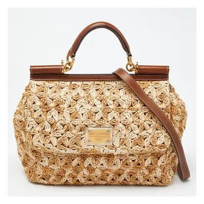 Dolce & Gabbana Beige/Brown Crochet Raffia and Leather Large Miss Sicily Top Handle Bag