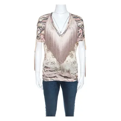 Roberto Cavalli Multicolor Printed Fringed Neckline V-Neck Top