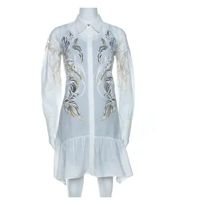 Roberto Cavalli White Brasso Feather Print Cotton Shirt Dress