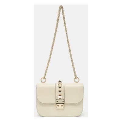 Valentino Off White Leather Rockstud Glam Lock Flap Bag