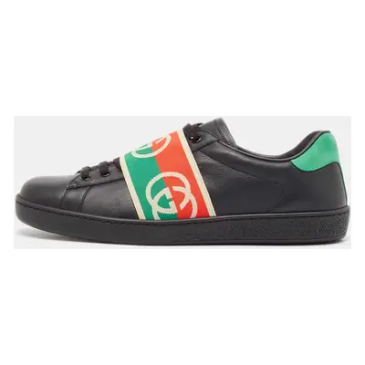 Gucci Black Leather Ace Web Low Top Sneakers Size