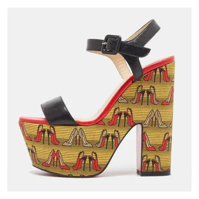 Christian Louboutin Black Leather Printed Platform Block Heel Ankle Strap Sandals Size