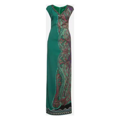 Etro Green Printed Crepe Detailed Neck Maxi Dress