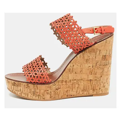 Tory Burch Orange Perforated Leather Daisy Cork Wedge Sandals Size 41.5