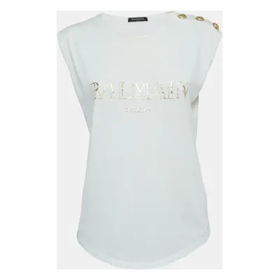 Balmain White Logo Print Distressed Cotton Button Detailed Tank Top