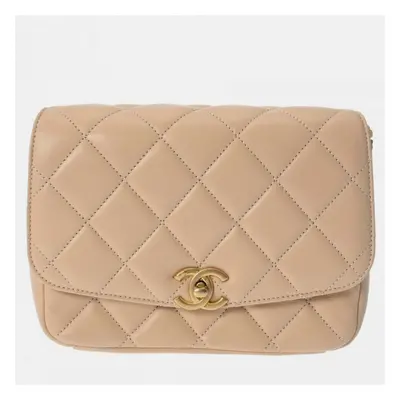 Chanel Beige Leather CC Quilted Coin Shoulder Bag