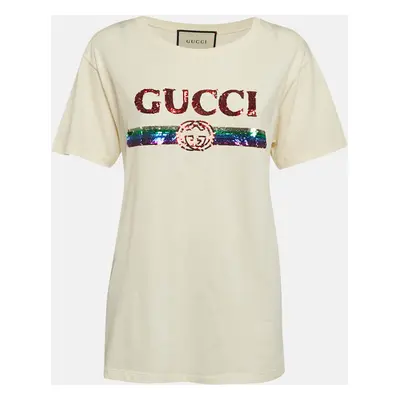 Gucci Cream Sequin Logo Cotton Crew Neck T-Shirt