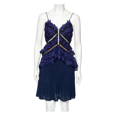 Self-Portrait Blue Chiffon And Embellished Guipure Lace Overlay Short Pleated Dress