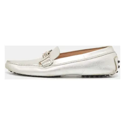 Tod's Silver Leather Crystal Embellished Double T Slip On Loafers Size