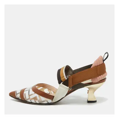 Fendi Brown/White Zucca PVC, Leather and Fabric Colibri Slingback Pumps Size