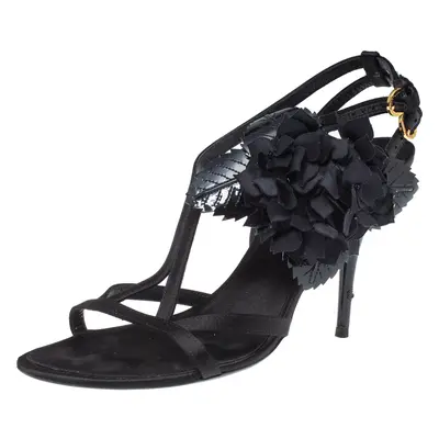 Louis Vuitton Black Satin And Patent Leather Flower Embellished Ankle Strap Sandal Size 39.5