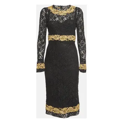 Dolce & Gabbana Black Baroque Goldwork Lace Long Sleeve Midi Dress