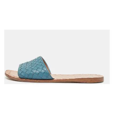 Bottega Veneta Blue Intrecciato Leather Flat Slides Size