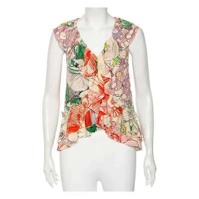 Stella McCartney Multicolored Floral Printed Silk Ruffled Sleeveless Top