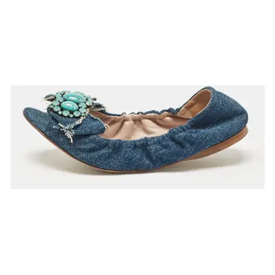 Miu Miu Blue Denim Crystal Embellished Bow Scrunch Open Toe Flats Size