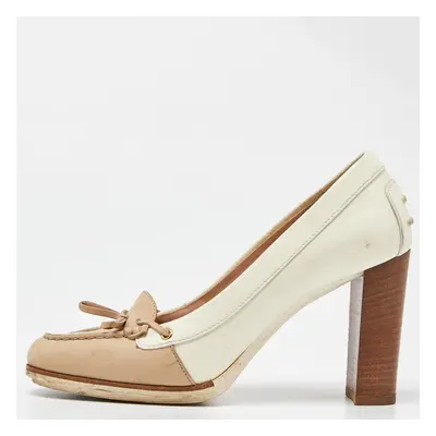 Tod's Two Tone Beige Leather and Patent Block Heel Pumps Size