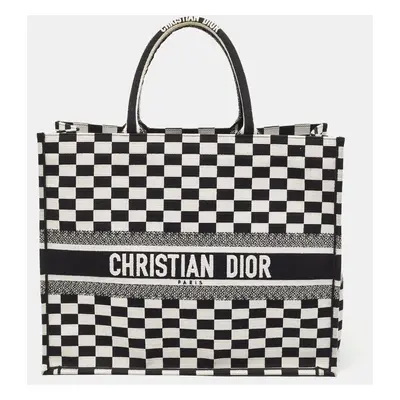 Dior Black/White Checkered Embroidered Canvas Book Tote