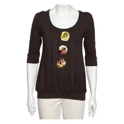 Kenzo Brown Knit Floral Applique Detailed Top